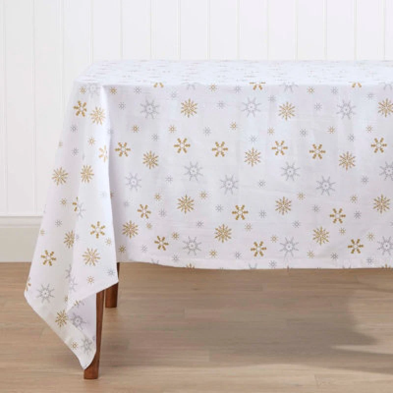 Image of Homescapes Gold Snowflake Christmas Tablecloth Rectangular 140 X 180 Cm, Xmas Party Table Covers With Hem Stitch, Washable