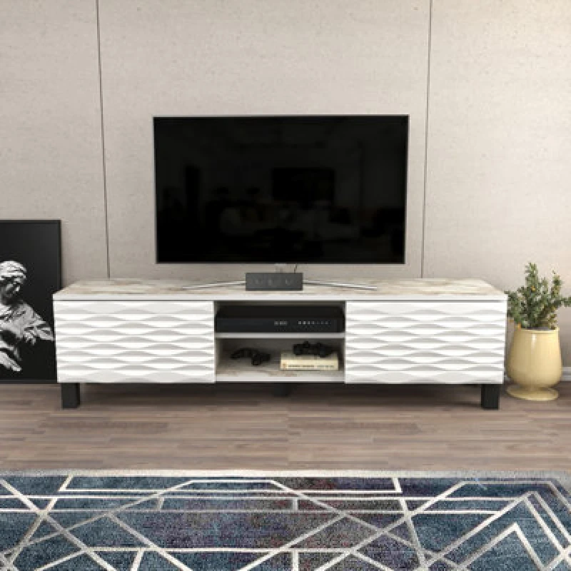 Image of DECOROTIKA Decorotika - Lukas 160 Cm tv Unit tv Cabinet With Mdf Legs Two Cabinets Lowboard Up To 63' - White Marble And White LKS59TS02
