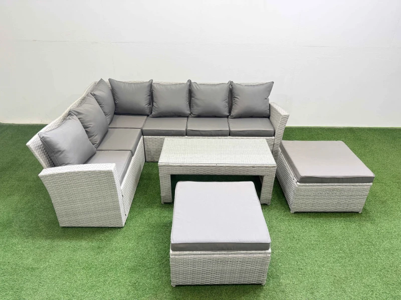 Image of Fimous Outdoor 8 Seater Corner Sofa Sets with 2 Big Stools Light Grey Mixed Light Grey Unisex