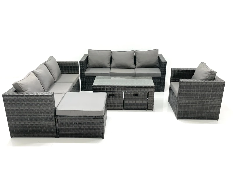 Image of Fimous Outdoor Garden Furniture Set 10 Seater Rattan Sofa Set with Coffee Table 3 Big Footstools Armchair Dark Grey Mixed Dark Grey