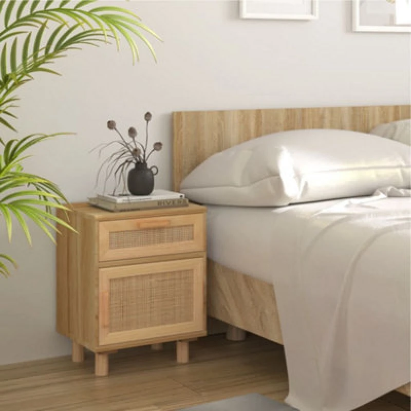 Image of Vidaxl Bedside Cabinet Brown Solid Wood Pine And Natural Rattan, Brown 345610