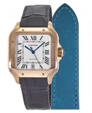 Image of Cartier Santos De Cartier Automatic Silver Dial Grey Leather Strap Mens Watch WGSA0011 WGSA0011