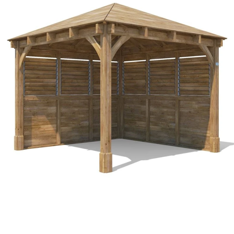 Image of Dunster House Wooden Gazebo Kit Louvre Wall 3M X 3M Heavy Duty Garden Shelter Roof Shingles Leviathan