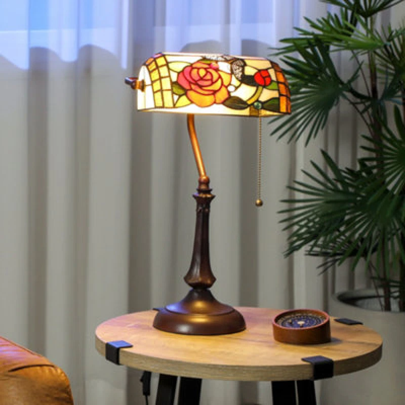 Image of HOMCOM Tiffany-Style Stained Glass Table Lamp, Handcrafted Antique Bedside Multicolor Unisex