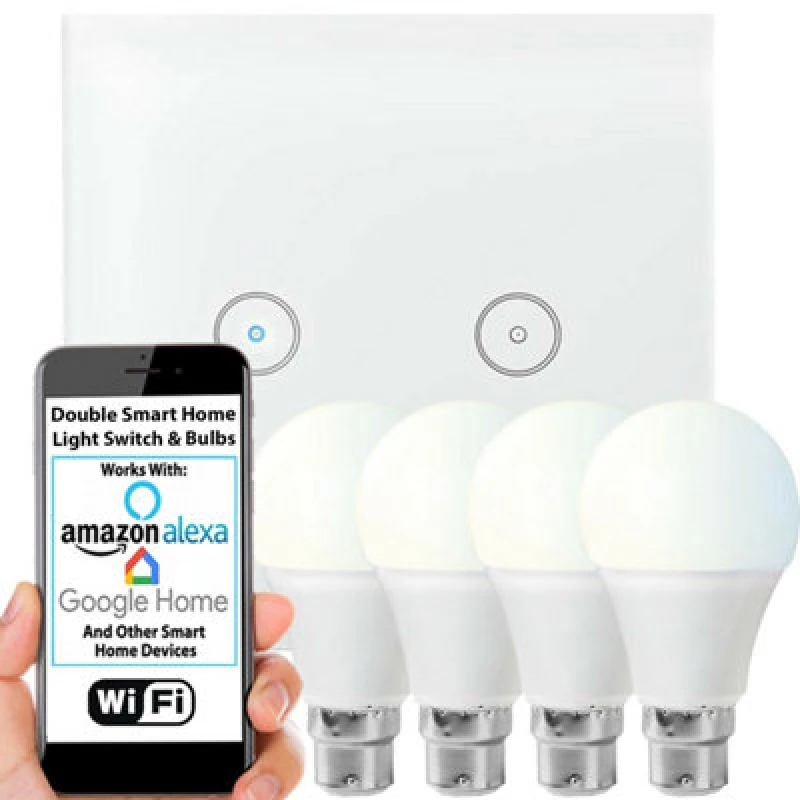 Image of Loops WiFi Light Switch & Bulb 4x 10W B22 Cool White Lamp & Double Wireless Wall Plate White