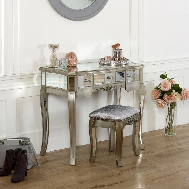 Image of Melody Maison Mirrored Dressing Table And Stool - Tiffany Range Metallic Silver