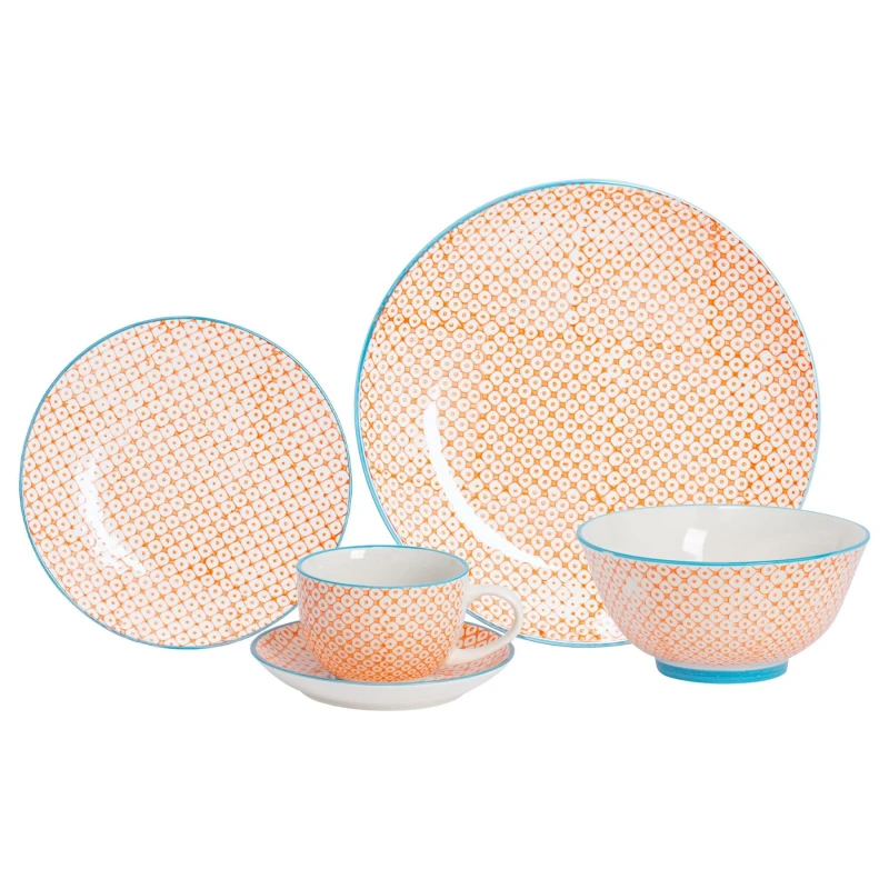 Image of Nicola Spring 30 Piece Hand-Printed Dinner Set - Orange
