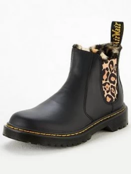 Image of Dr Martens Girls Leonore Animal Faux Fur Lined Chelsea Boots - Black, Size 9 Younger