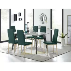 Image of Furniturebox UK - Furniturebox Andria Black Leg Marble Effect Dining Table and 6 Green Velvet Milan Dining Chairs With Gold Legs