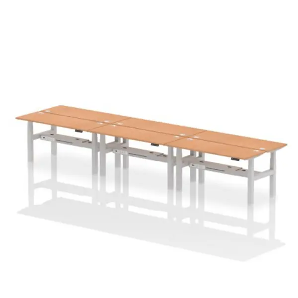 Image of Air Air Back-to-Back 1600 x 600mm Height Adjustable 6 Person Bench Desk Oak Top with Cable Ports Silver Frame HASCP6P16600OAKS