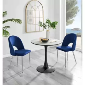 Image of Furniture Box Elina White Marble Effect Round Dining Table and 2 Blue Arlon Silver Leg Chairs