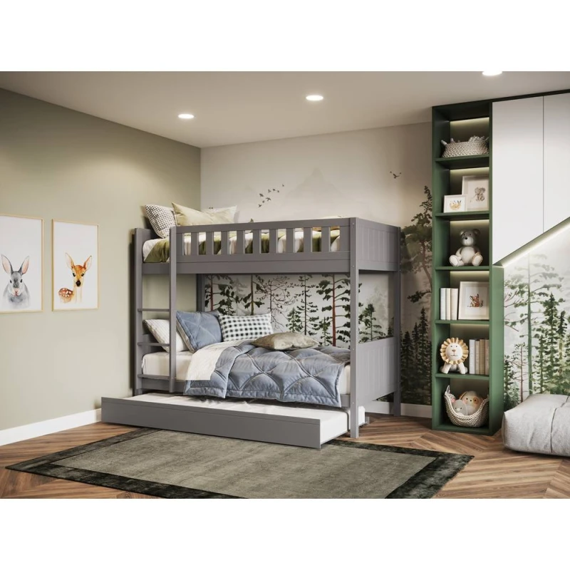 Image of Flair Bea Wooden Bunk Bed with Trundle in Grey Size: Single Grey Unisex Single
