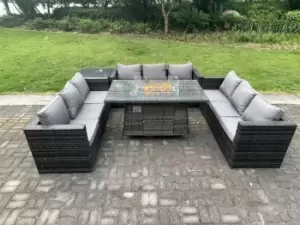 Image of Fimous 9 Seater Outdoor Dark Grey Rattan Lounge Complete Sofa Set with Gas Fire Pit Dining Table and Gas Heater Burner