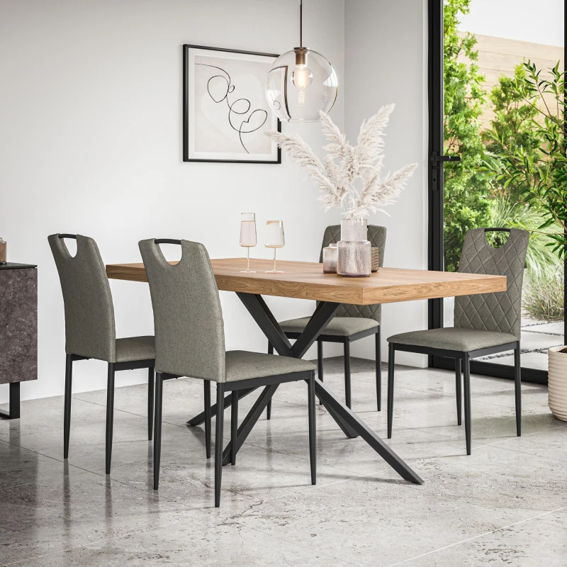 Image of More4Homes Donni Dining Table And Chairs - Oak Effect Table Top W Black Legs + Monza Linen Dining Chair Set Of 6 (Grey)