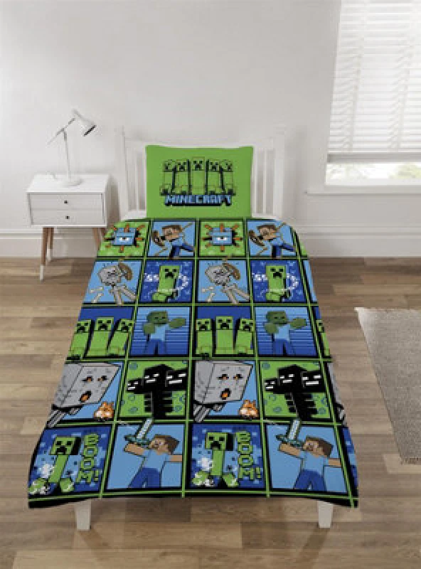 Image of Minecraft Duvet Cover Set Single Creeper Design Bedding Set With Pillowcase Blue Green