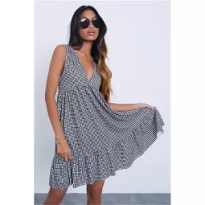 Image of I Saw It First Black Gingham Printed V Neck Frill Hem Smock Dress - Black