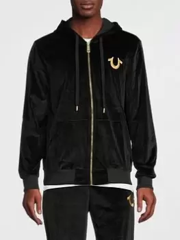 Image of TRUE RELIGION Velour Zip Through Hoodie - Black Size M Men