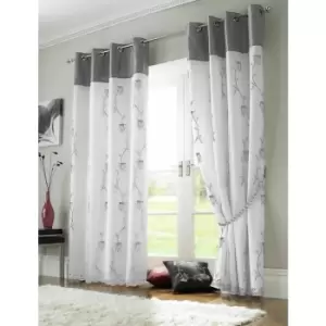 Image of Tahiti Eyelet Curtains Embroidered Lined Voile Silver 56x54 - Silver
