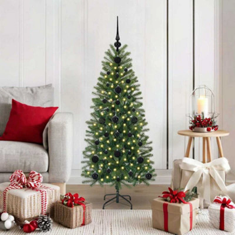 Image of vidaXL Artificial Christmas Tree with 150 LEDs with Black Balls Green 120cm PE and PVC, Green 3397329