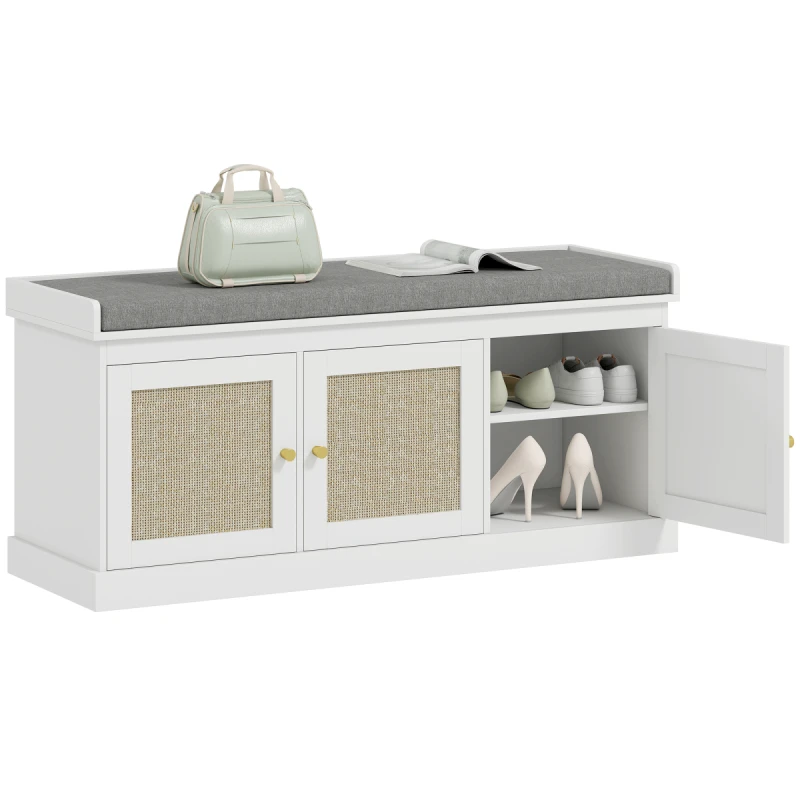 Image of HOMCOM HOMCOM Shoe Storage Bench with Rattan Doors, Cushion, Entryway Shoe Bench in White White One Size Unisex 5063603896055