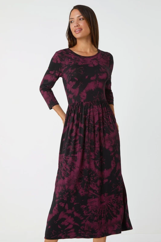Image of Roman Tie Dye Pocket Stretch Midi Dress Red
