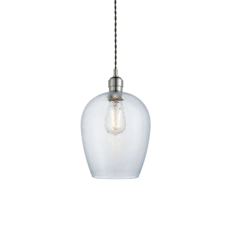 Image of Livorno Dome Pendant Ceiling Light Bright Nickel Plate, Clear Hammered Glass
