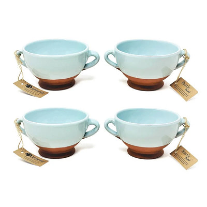 Image of Verano Spanish Ceramics Rustic Pastel Half Dipped Terracotta Kitchen Dining Set Of 4 Soup Bowls Duck Egg Blue (Diam) 14.5Cm