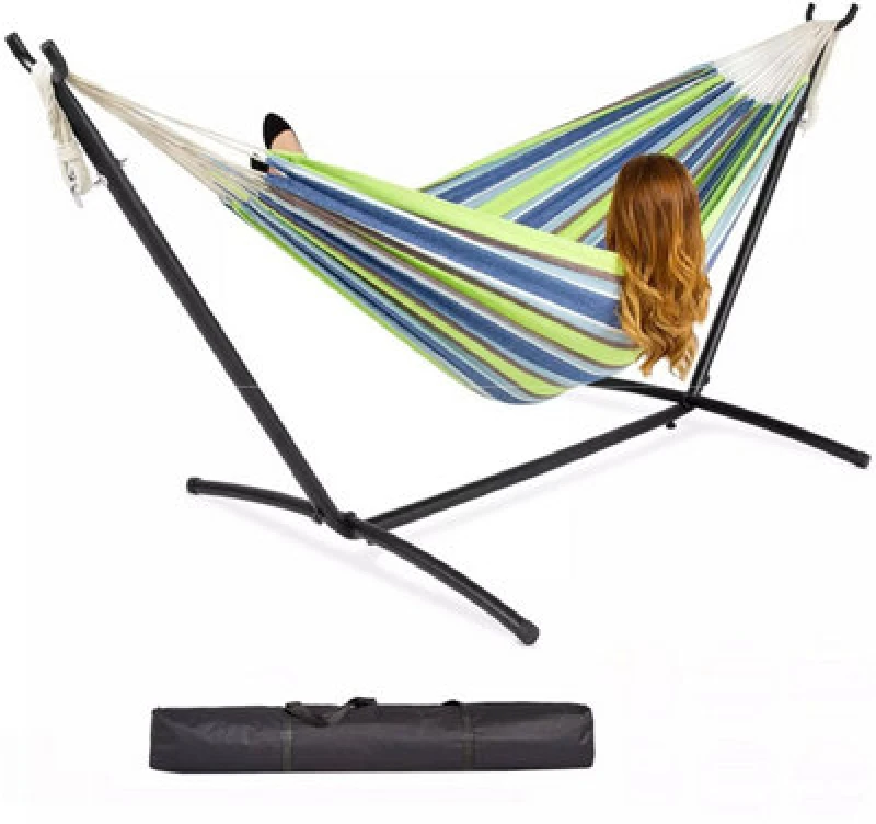 Image of Gr8 Garden Garden Single Cotton Hammock Outdoor Swing with Space Saving Metal Stand Frame Multi unisex