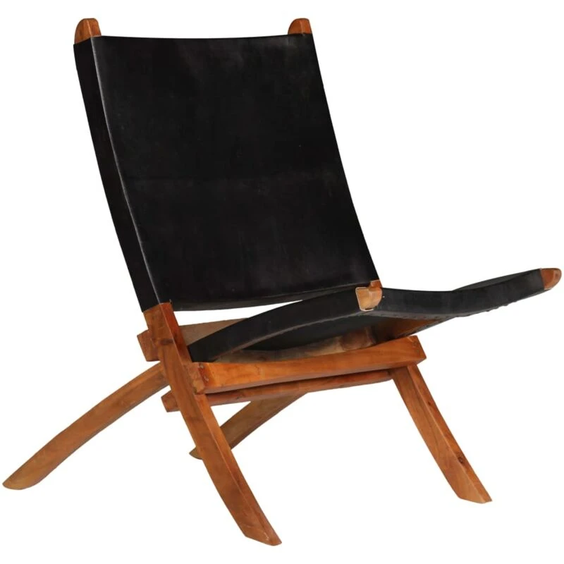 Image of vidaXL Relaxing Chair Real Leather 59x72x79cm Black Furniture Foldable Seat