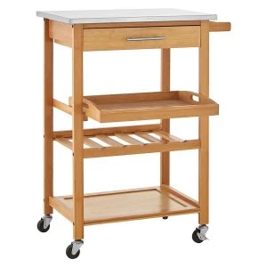 Image of Premier Housewares Bamboo Kitchen Trolley with Stainless Steel Top - Natural