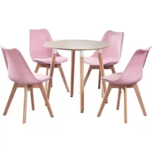Image of Life Interiors - 5 Pieces Jamie Lorenzo Halo Dining Set - a Round Dining Table and Set of 4 Pink Dining Chairs - Pink