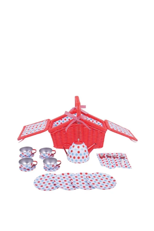 Image of Bigjigs Toys Spotted Basket Tea Set Red