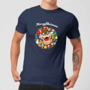Image of Nintendo Super Mario Bowser Merry Christmas Wreath Navy T-Shirt - L - Navy