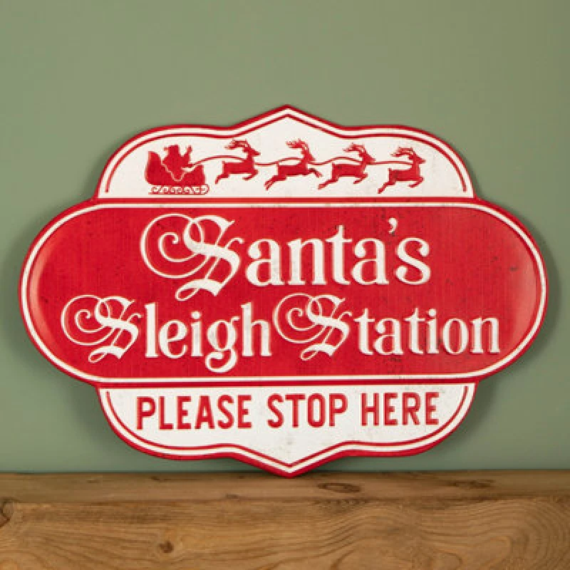 Image of Samuel Alexander 51Cm Red And White Metal Christmas Santa Sleigh Station Sign