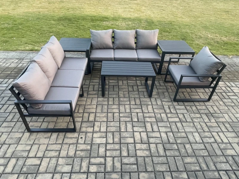 Image of Fimous Aluminium 7 Seater Garden Furniture Outdoor Patio Sofa Set with Rectangular Coffee Table Armchair 2 Side Tables Dark Grey Dark Grey Unisex