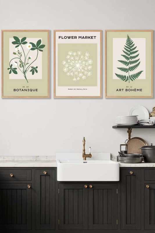 Image of ARTZE Set of 3 Oak Framed Vintage Graphical Green Botanical Wall Art in Light Green Size: W45cm x H62cm x D20mm Light Green Unisex W45cm x H62 cm