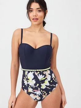 Image of Panache Florentine Moulded Bandeau Swimsuit - Navy/Floral, Navy Floral, Size 34F, Women