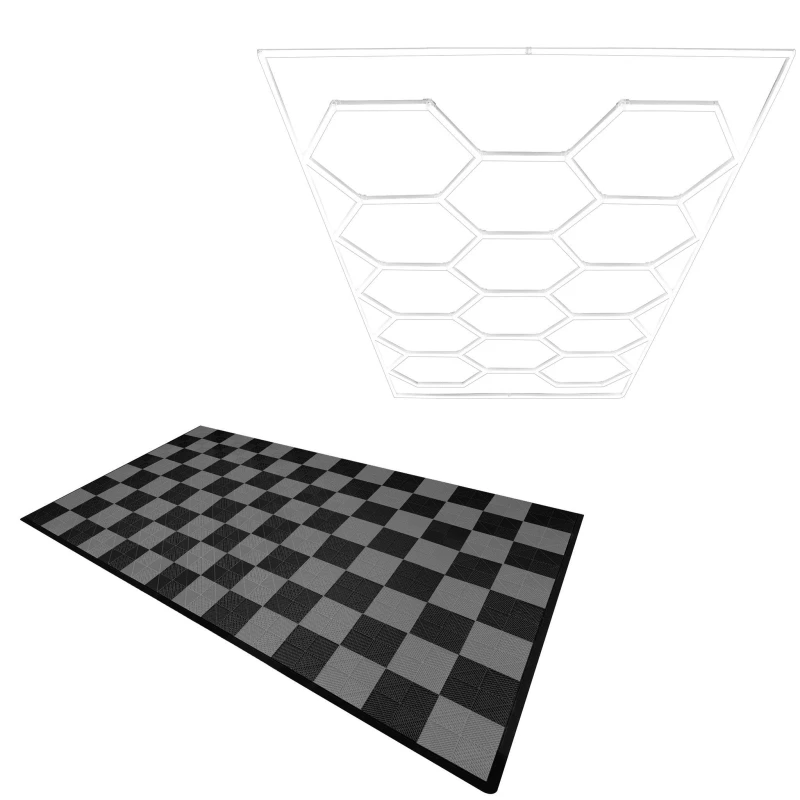 Image of Monstershop Hexagon LED Light & Vented Garage Floor Tiles With Edges - 60 Black & 60 Grey Black