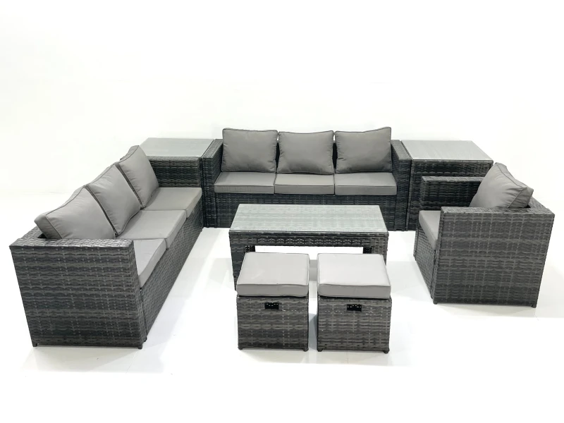Image of Fimous Rattan Garden Furniture Set Outdoor 9 Seater Patio Conversation Sets with Glass Top Coffee Table Stool 2 Side Tables Dark Grey
