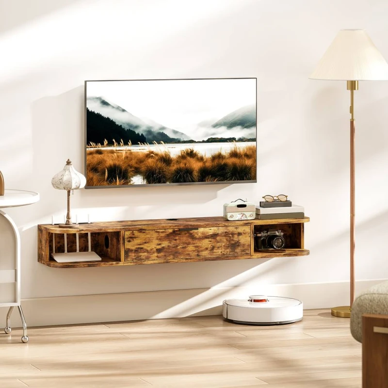 Image of HOMCOM 120cm Floating TV Unit with Flip Drawer & Shelves, Rustic Brown Brown Unisex
