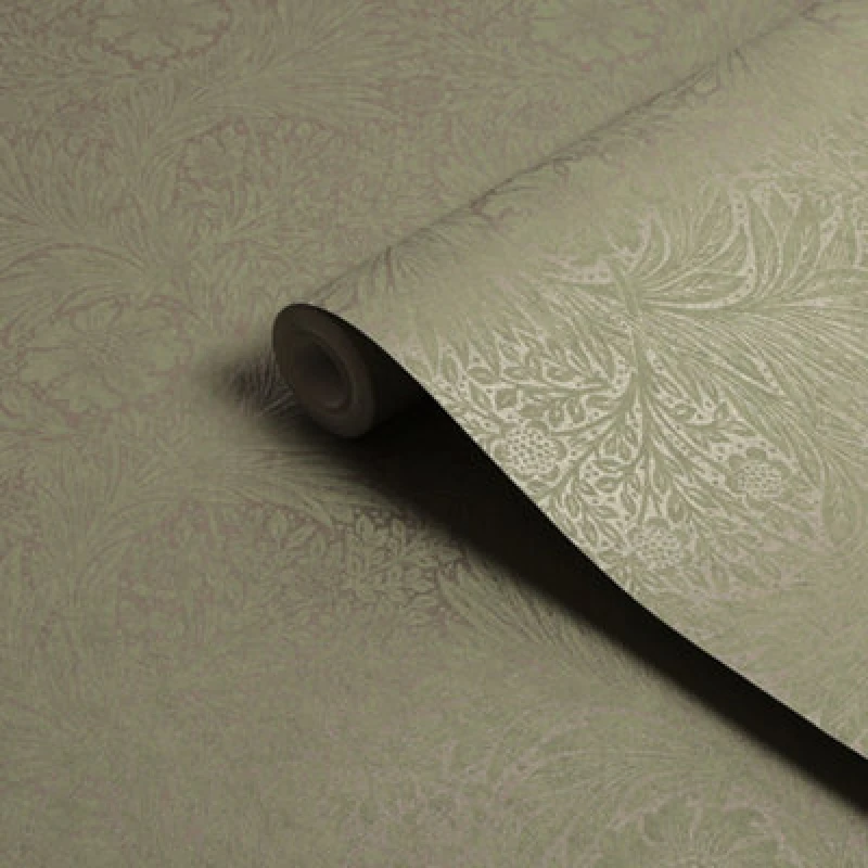 Image of William Morris Gallery Collection Fibrous Sage Marigold Metallic Effect Smooth Wallpaper