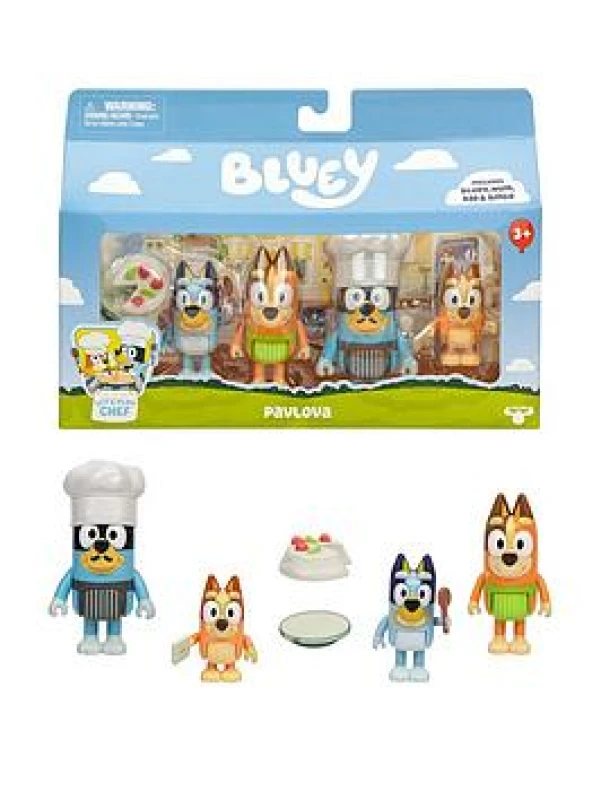 Image of Bluey It's Time For Pavlova With This Pavlova 4 Pack Includes Bingo Bandit In His Chef Hat and Chilli and 2 Accessories Four 6-7.6cm Articulated