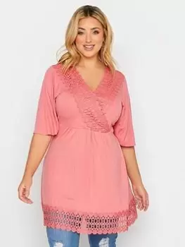 Image of Yours Short Sleeve Crochet Trim Tunic Sunkissed - Coral Pink, Red, Size 20, Women