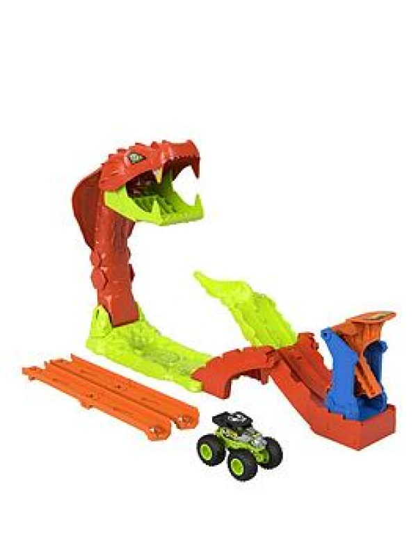 Image of Hot Wheels Monster Trucks Spielset Snake Slam Takedown Trackset mit exklusivem Bone Shaker Spielfahrzeug im Maßstab 1:64 mit Track JJN44
