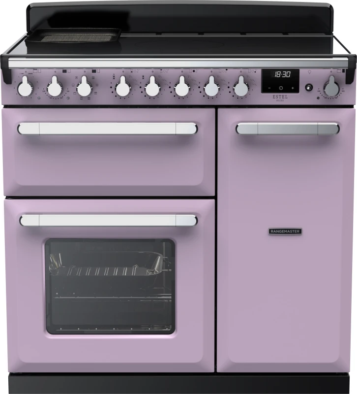 Image of Rangemaster Estel Deluxe ESDL90EIPHTH/CM1 90cm wide Electric Range Cooker with Induction Hob - Heather / Chrome - A/A Rated