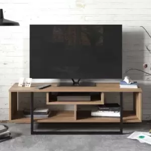 Image of Decorotika Asal 120 Cm Wide Modern TV Unit , industrial Metal TV Stand -Open Shelf Lowboard Up To 51 TVs - Walnut Pattern And Black