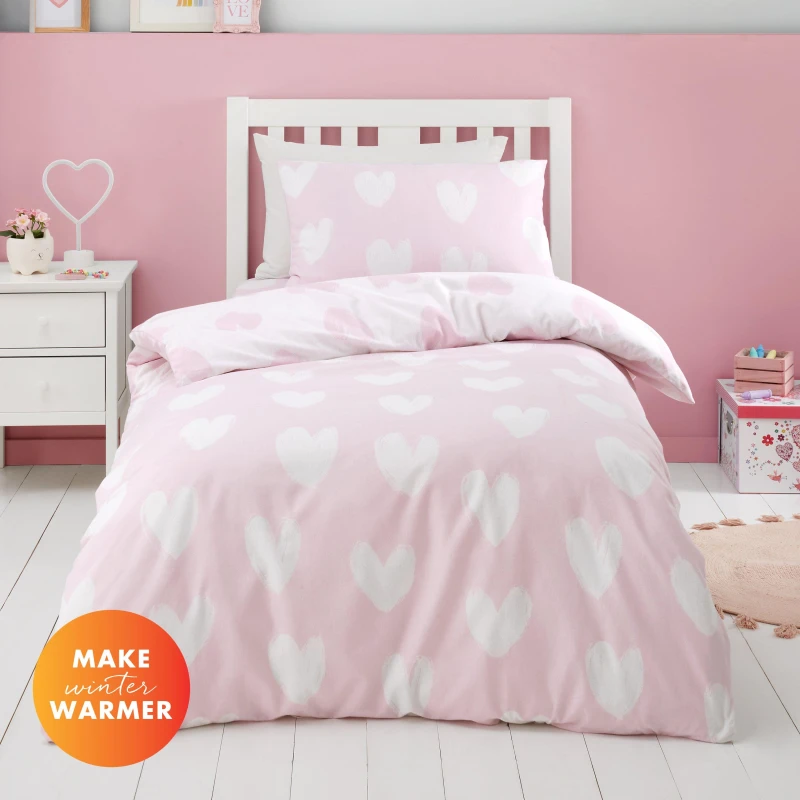 Image of Catherine Lansfield Brushed Hearts Brushed Cotton Duvet Cover and Pillowcase Set Pink