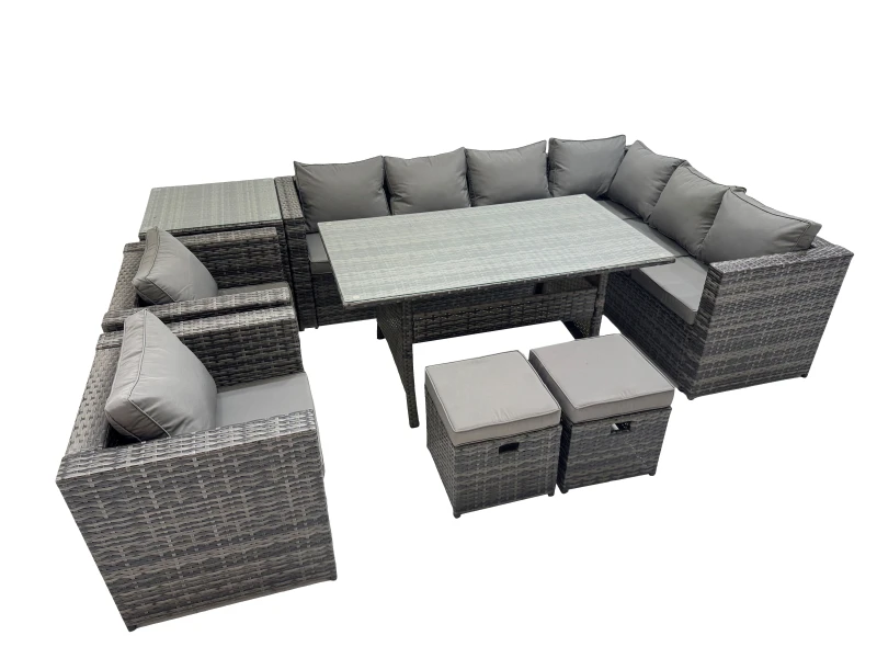Image of Fimous 10 Seater Patio Dining Corner Sofa Sets with 2 Chairs 2 Small Stools in Dark Grey Dark Grey Unisex