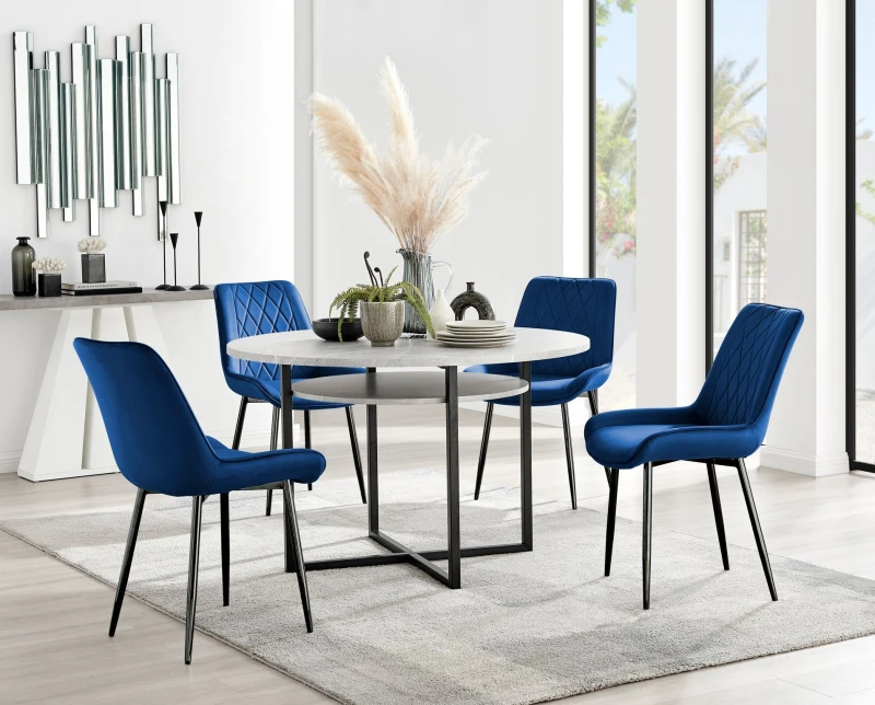 Image of FurnitureboxUK FurnitureboxUK Adley Grey Concrete Effect And Black Round Dining Table with Shelf and 4 Velvet Pesaro Dining Chairs in Navy Navy One Si