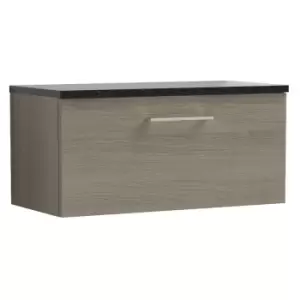 Image of Nuie Arno Solace Oak 800mm Wall Hung Single Drawer Vanity Unit with Sparkling Black Laminate Worktop - ARN2525LSB - Solace Oak